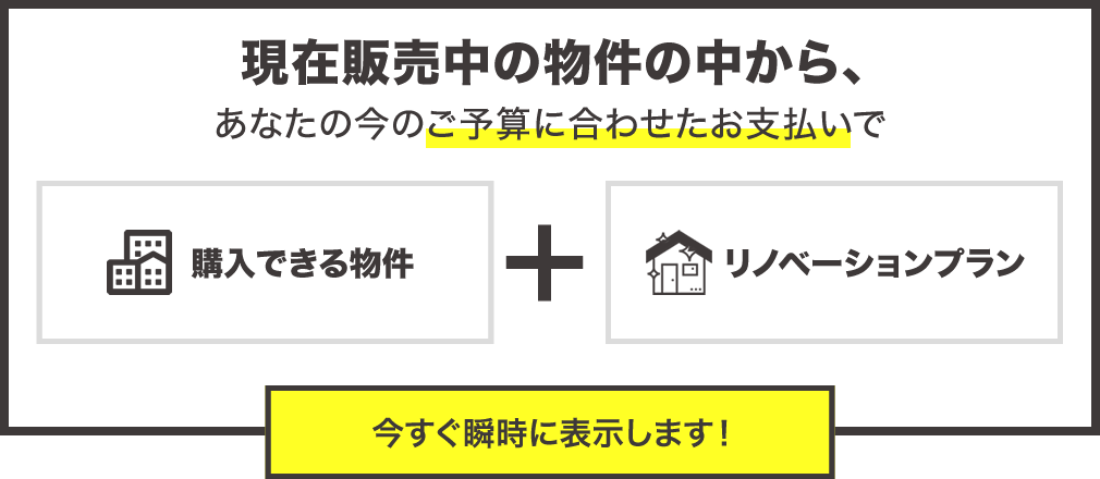 現在販売中の物件の中からあなたの今のご予算に合わせたお支払で購入できる物件とリノベーションプランを今すぐ瞬時に表示します。