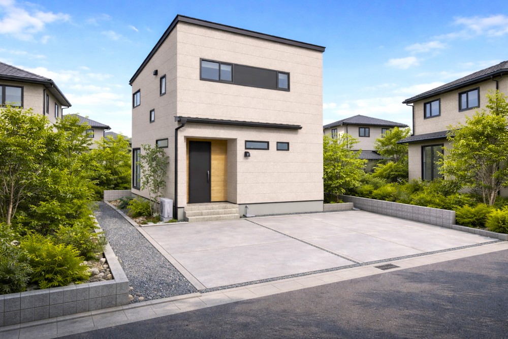 新潟市東区河渡新町の新築建売住宅の外観｜3LDK・駐車場付きのシンプルモダンな2階建て住宅