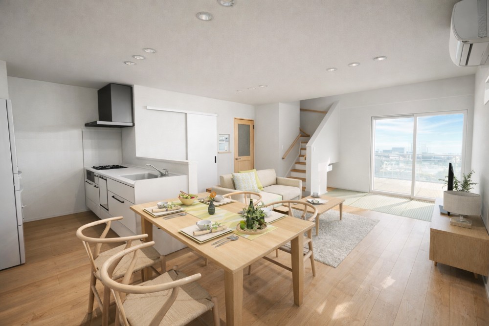 新潟市東区河渡新町の新築建売住宅のLDK｜対面キッチンとリビングダイニングがつながる明るい空間