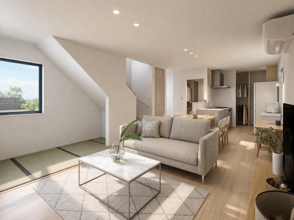 新潟市中央区女池の新築建売住宅のLDK｜畳スペースとリビングがつながる明るい空間