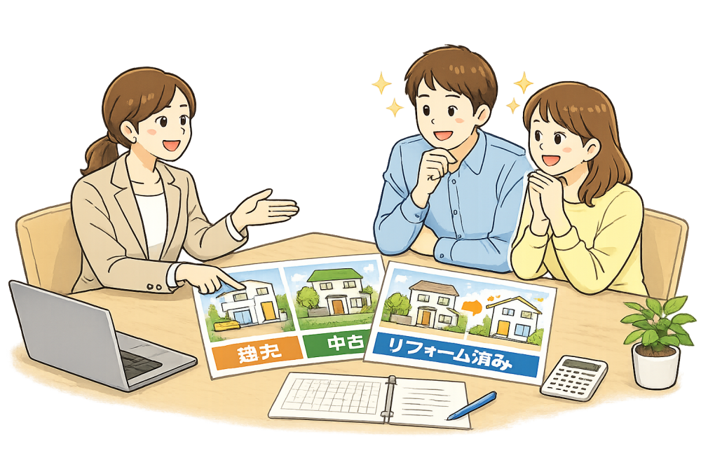 新築住宅・中古住宅・リフォームの住まい選びについて相談するご夫婦と女性スタッフのイラスト