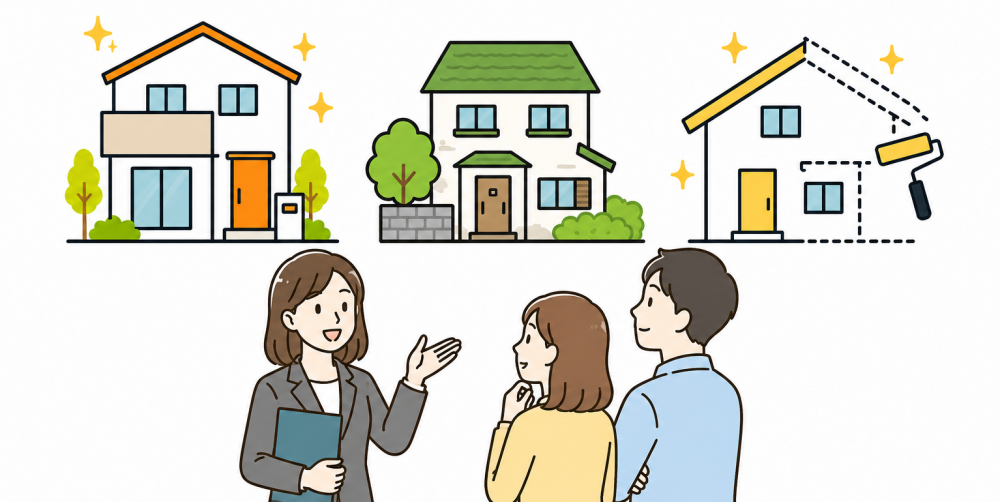 新潟市で新築住宅・中古住宅・リフォームを比較しながら住まい探しを相談するお客様と不動産スタッフのイラスト