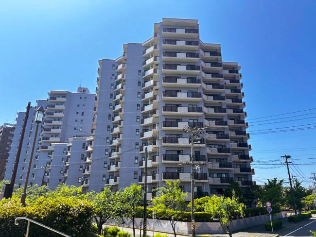新潟市中央区川岸町の中古マンション「リバーステージ新潟」の外観。青空を背景にした14階建てマンションの全景。