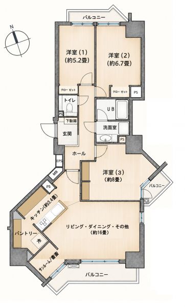新潟市中央区川岸町のリバーステージ新潟510号室の間取り図。専有面積85.70㎡の3LDK、対面キッチン・パントリー・洋室3部屋・バルコニー付き